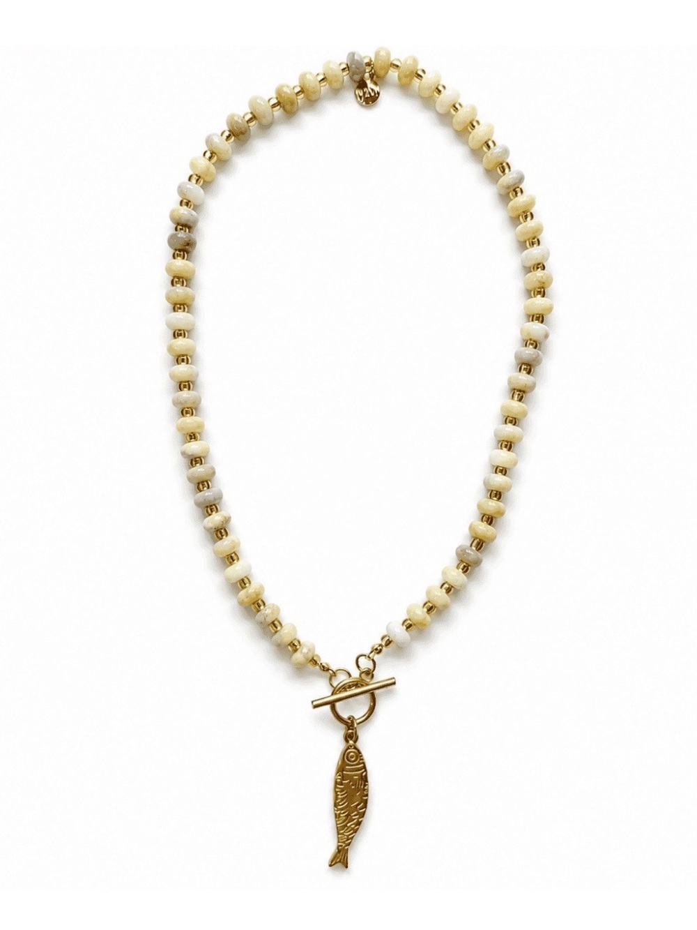 Cream Beaded Necklace with Gold Fish Charm
